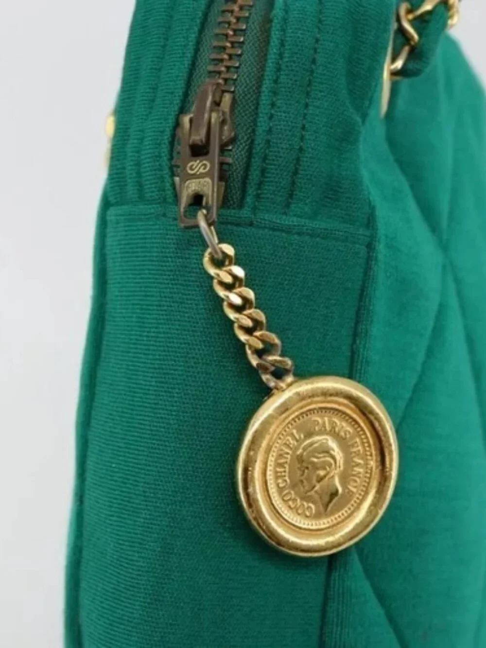 CHANEL Matelasse Chain Shoulder Bag Cotton Green Gold CC Auth bs35532
